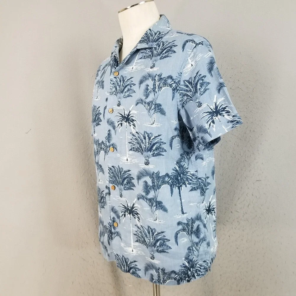 C&C California Button Down Mens M Blue Palm Tree Print 100% Linen Tropical Shirt